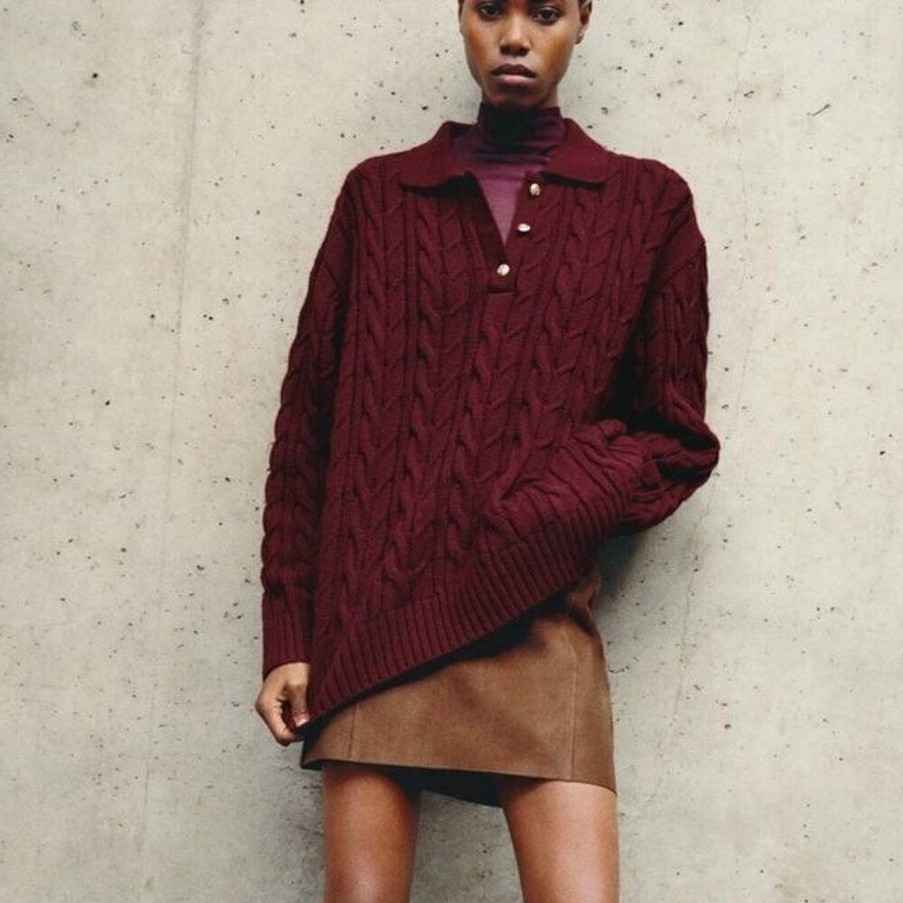 Zara Womens Sweater Size L Burgundy Cable Knit Long Sleeve collared 3519/024 NWT